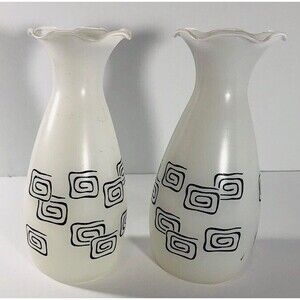 Vintage 1950’s MCM ATOMIC Set of 2-7 in Frosted White VASES  w/Black Mod Design